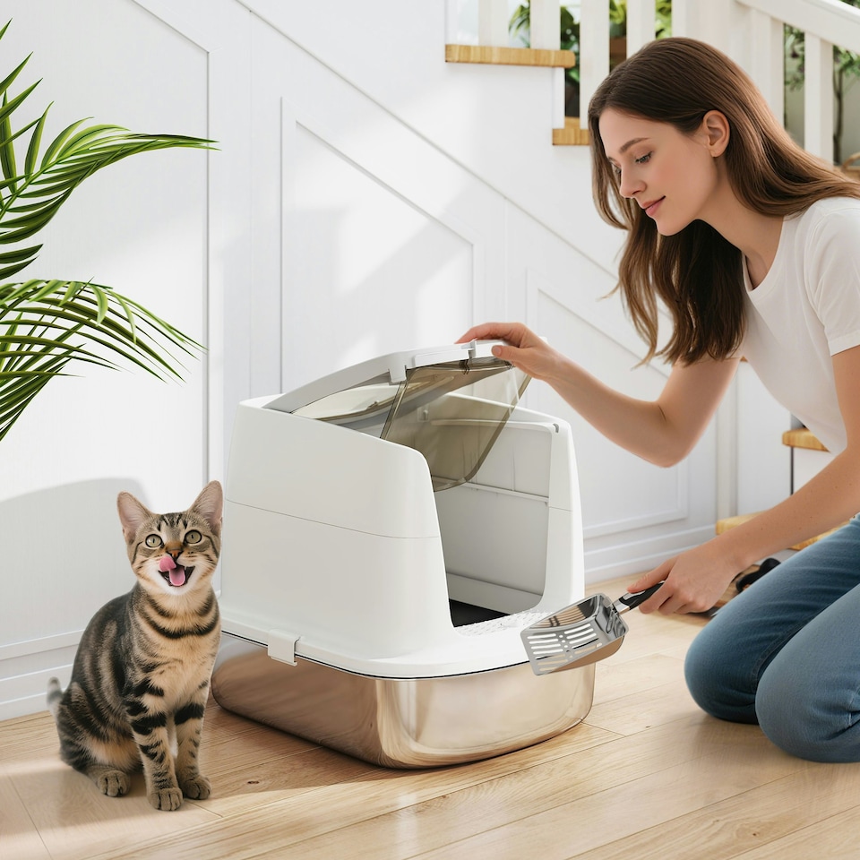 image 1 of PawHut Stainless Steel Litter Box, Enclosed Metal Cat Litter Tray with Scoop White | One Size