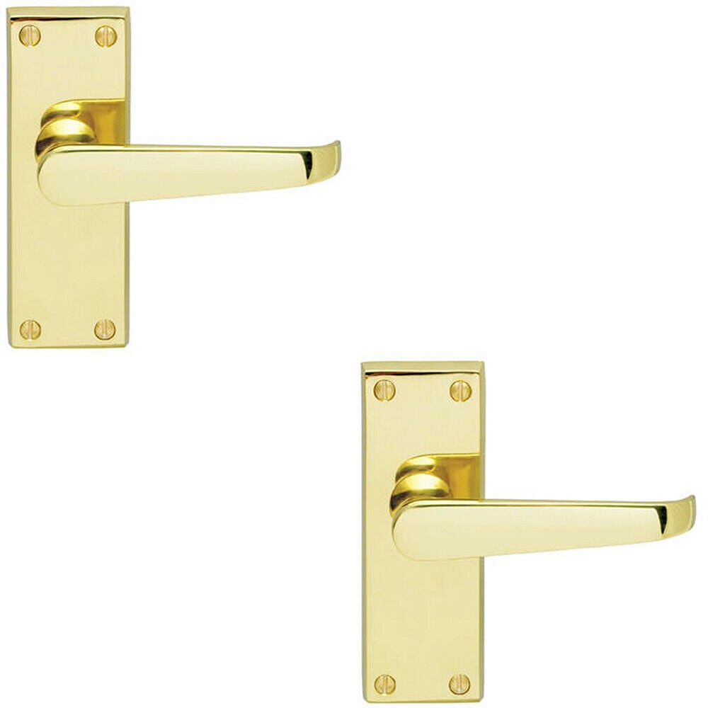 Loops 2x Straight Victorian Lever on Rectangular Latch Backplate Handle Polished Brass in Metallics