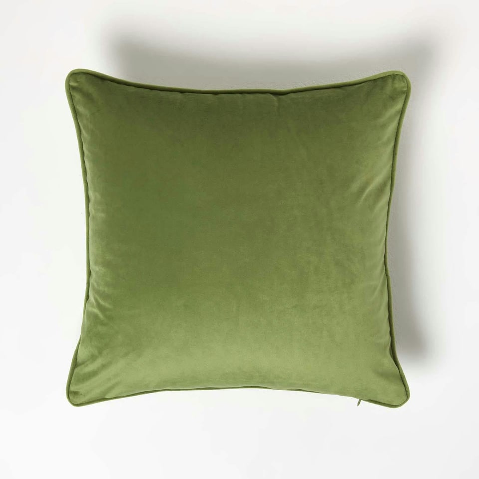 image 1 of Homescapes Olive Green Filled Velvet Cushion with Piped Edge - 46 x 46 cm | Green | Olive Green | 1