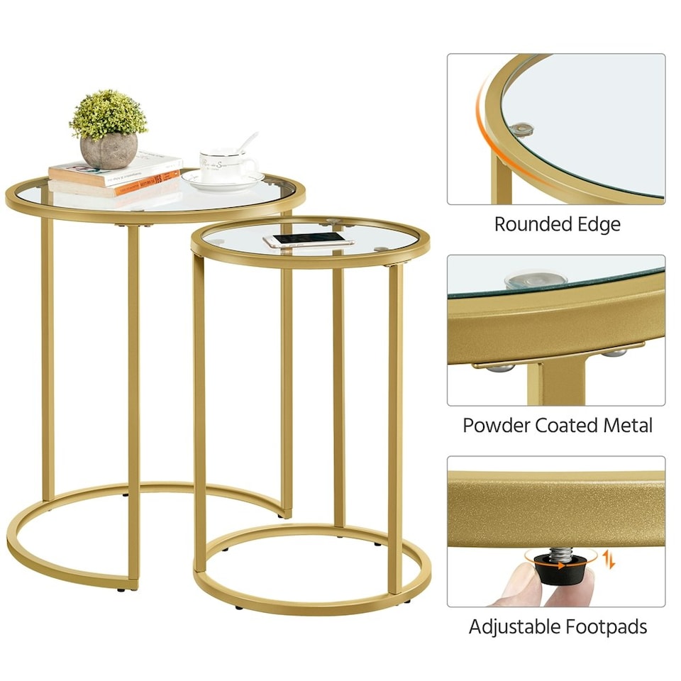 image 1 of Yaheetech Set of 2 Nesting Side Tables with Round Tempered Glass Top