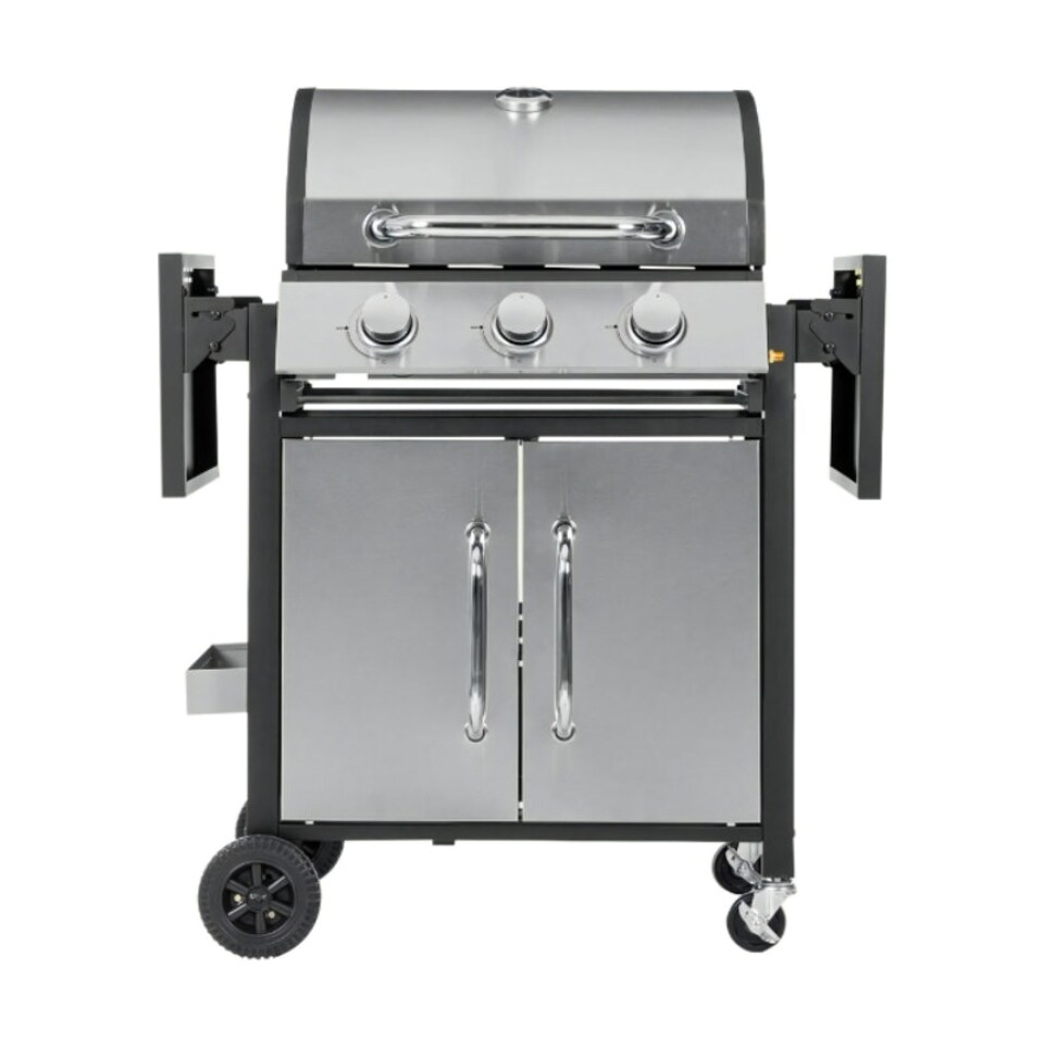 image 1 of Premium 3 Burner Gas BBQ with Folding Shelves, Built-in Thermometer & Gas Bottle Storage