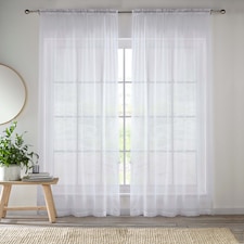 Sheer White Plain Woven Voile Slot Top Curtain Panel Pair (55x48") 145x122cm