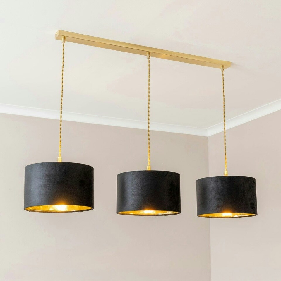 image 1 of ValueLights Reni Black Velvet & Gold Shade 3 Drop Bar Gold Diner Ceiling Light and LED Bulbs Gold