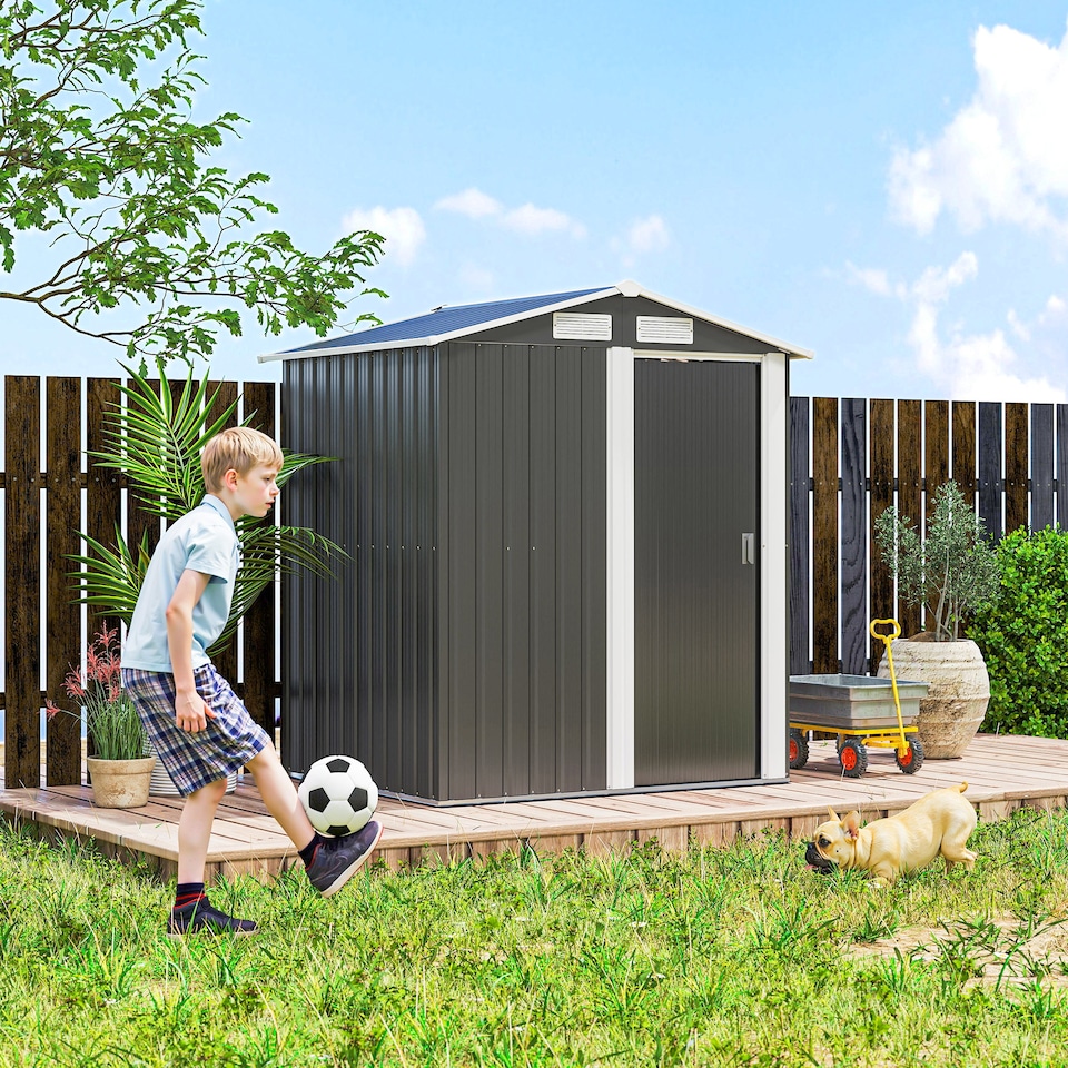 image 1 of Outsunny 5ft x 4ft Garden Metal Storage Shed, Tool Storage Shed with Sliding Door, Sloped Roof and Foundation Kit for Garden, Patio, Lawn, Grey