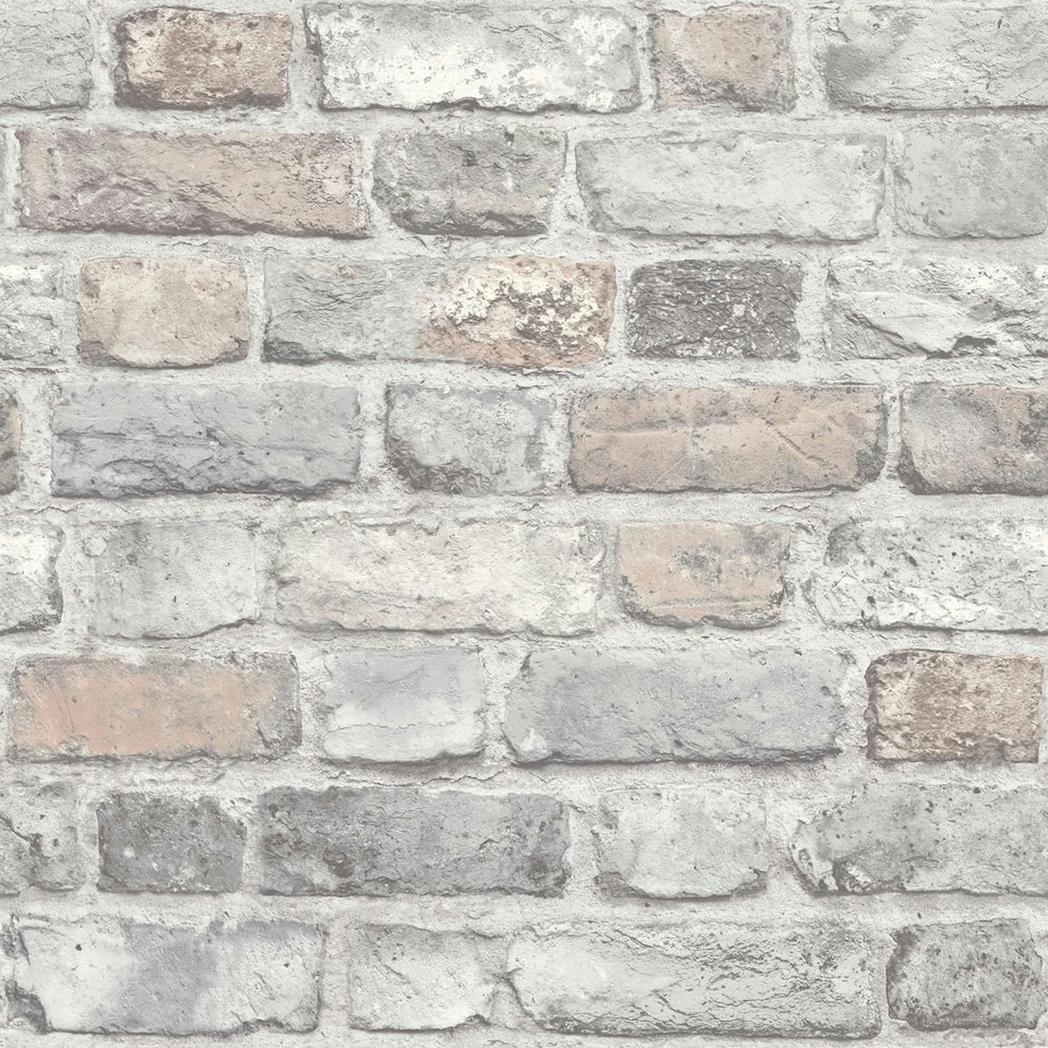 image 1 of Grandeco Brick Effect Vinyl Wallpaper - Pastel Grey/Pink - One Size | Green