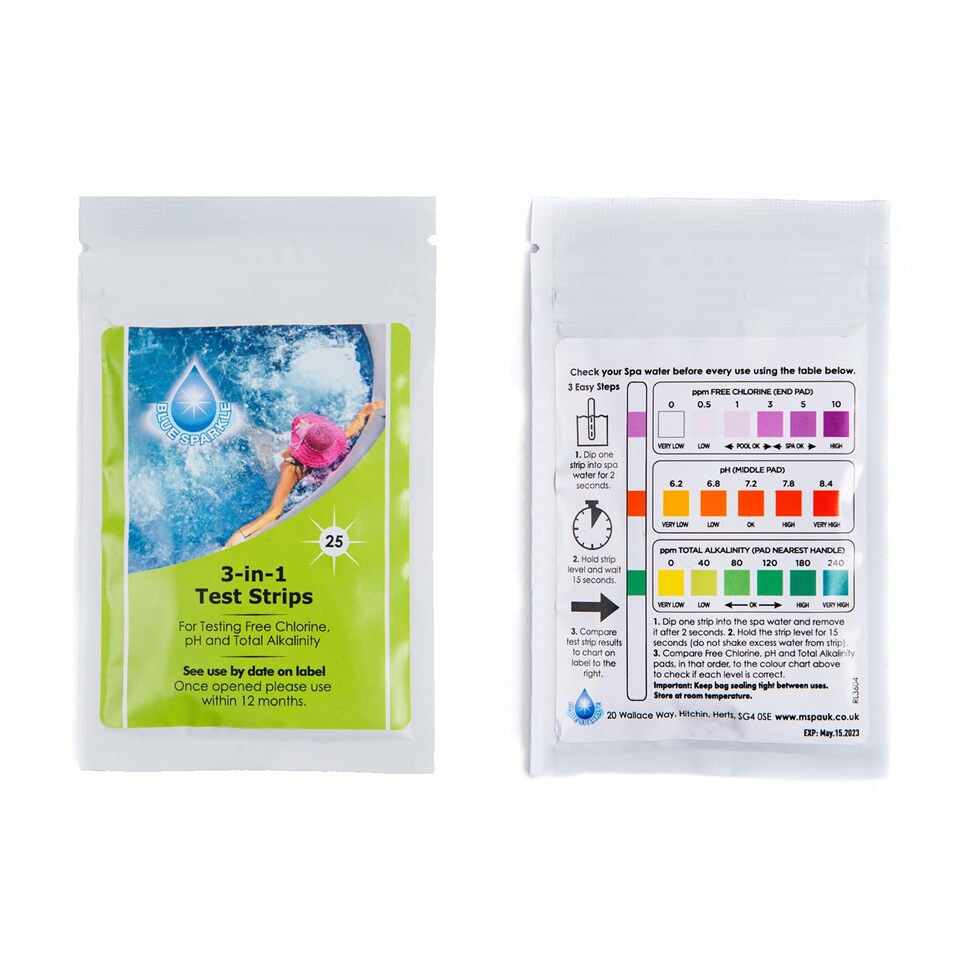 image 1 of 25 Dip 3-in-1 Test Strips Blue Sparkle for Ground Pool Spa and Hot Tubs Treatment to Measures PH, Alkaline and Chlorine