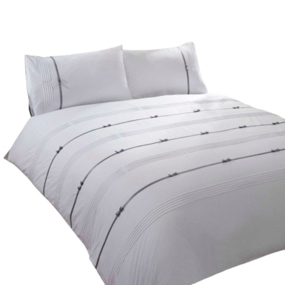 image 1 of Clarissa Stripped Polycotton Duvet Cover Set with Pillowcase White | Single