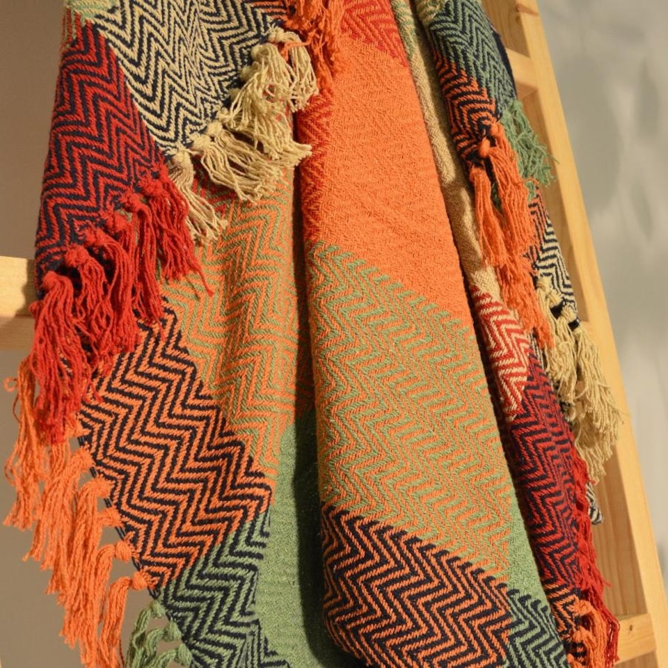 image 1 of Multicoloured Check Herringbone Throw Blanket - 100% Cotton Multi | 125 x 150cm