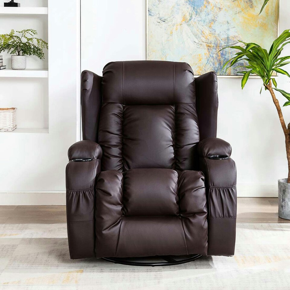 image 1 of Caesar Bonded Leather Recliner Rocking Swivel Heat & Massage Chair (Brown)