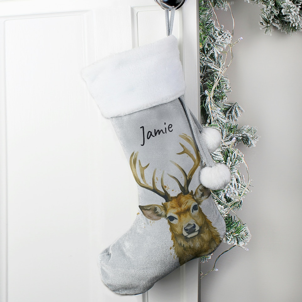 image 1 of Personalised Stag Silver Grey Stocking
