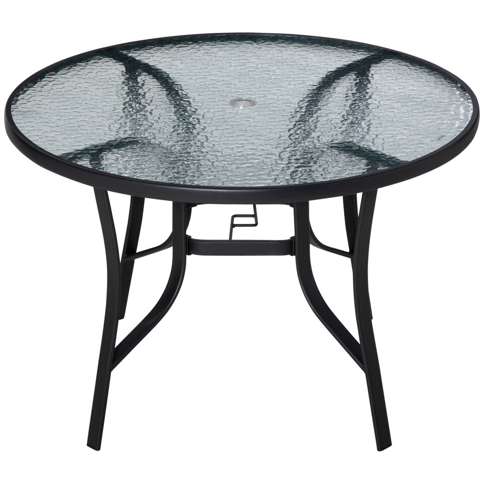 image 1 of Outsunny 106cm Round Garden Dining Table with Parasol Hole Tempered Glass Top Steel Frame