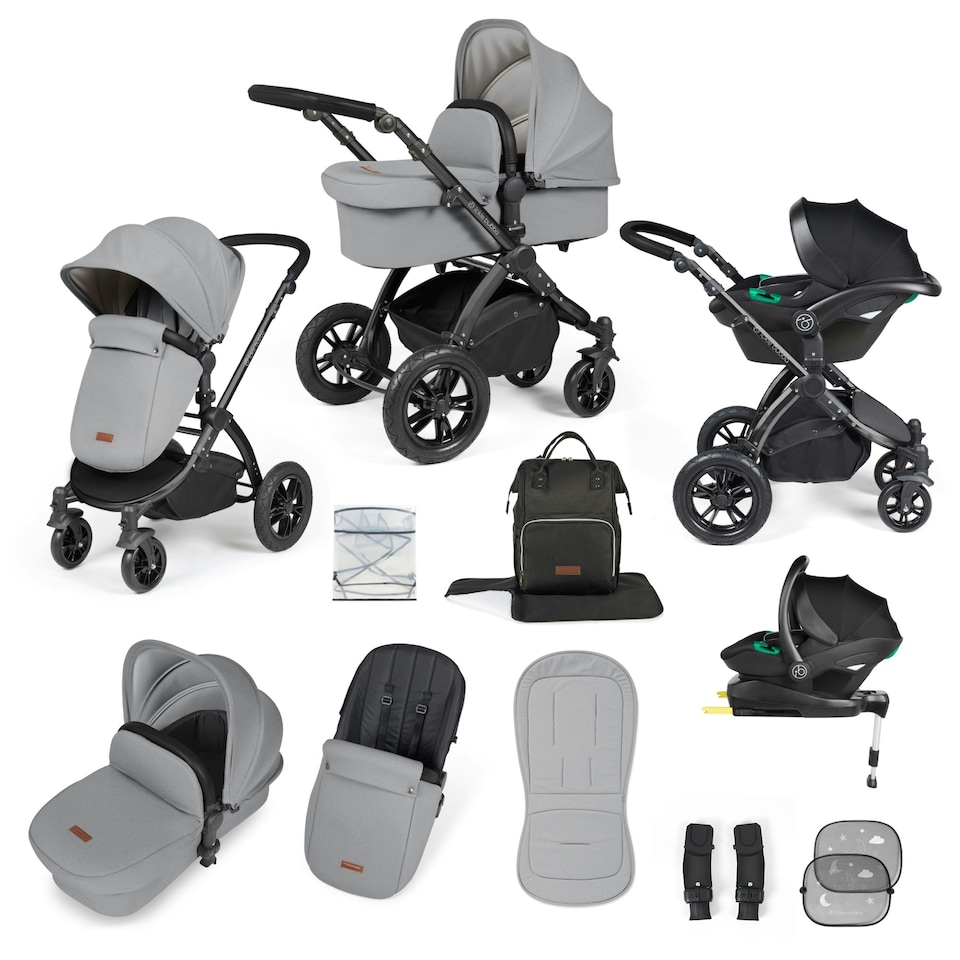 image 1 of Stomp Luxe 12pc Travel System with Stratus i-Size Car Seat & ISOFIX Base, Carrycot, Reversible Seat, Rain Cover & More (Black/Pearl Grey/Black)