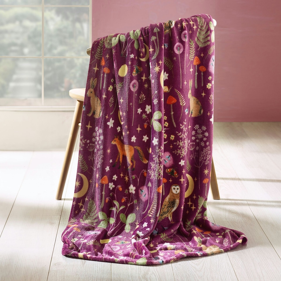 image 1 of Catherine Lansfield Enchanted Twilight Animals Cosy Fleece Blanket Throw Plum Purple | Plum
