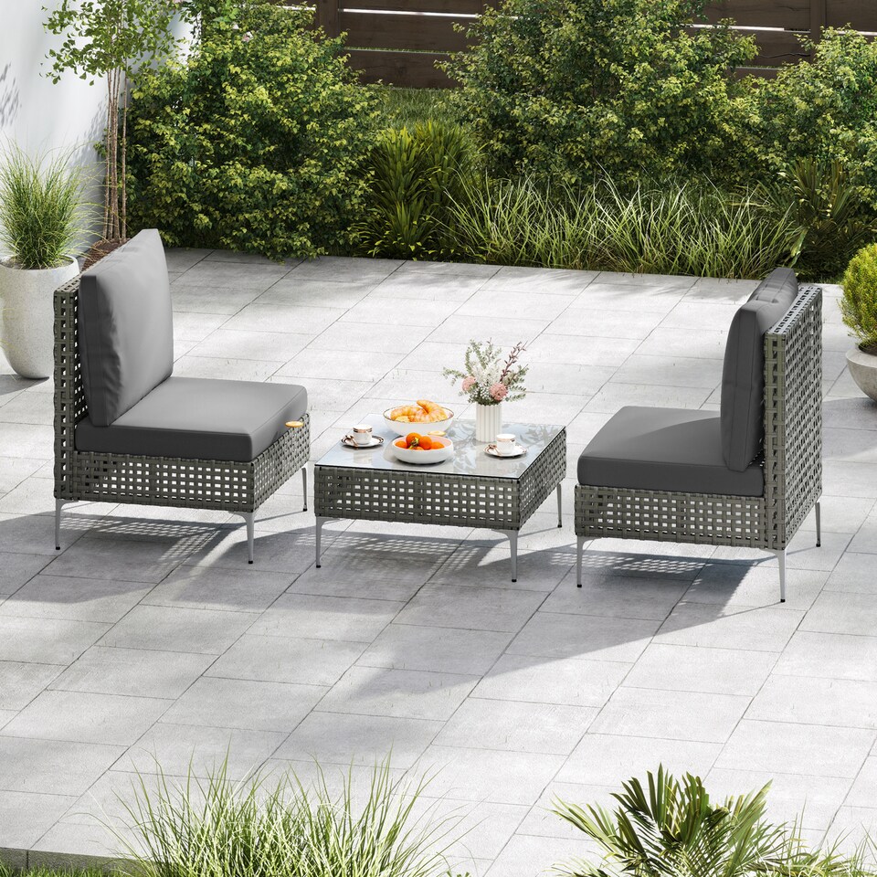 image 1 of COSTWAY 3 Pieces Patio Bistro Set PE Rattan Furniture Set w/Coffee Table-Grey