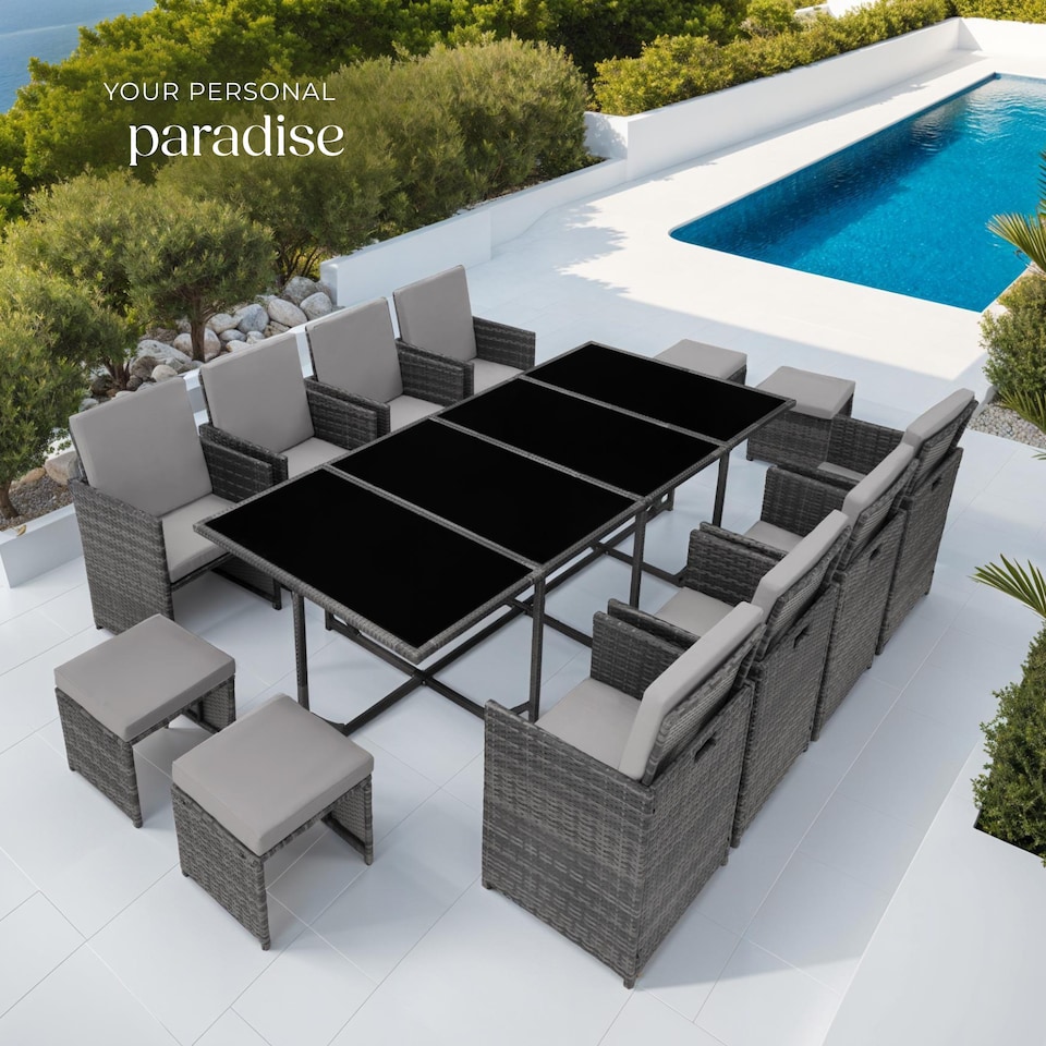 image 1 of Garden Table and Chairs Palma - 12 seats with cushions, dining table, rain cover | Grey | grey/light grey | 53 x 53 x 87 cm | 1