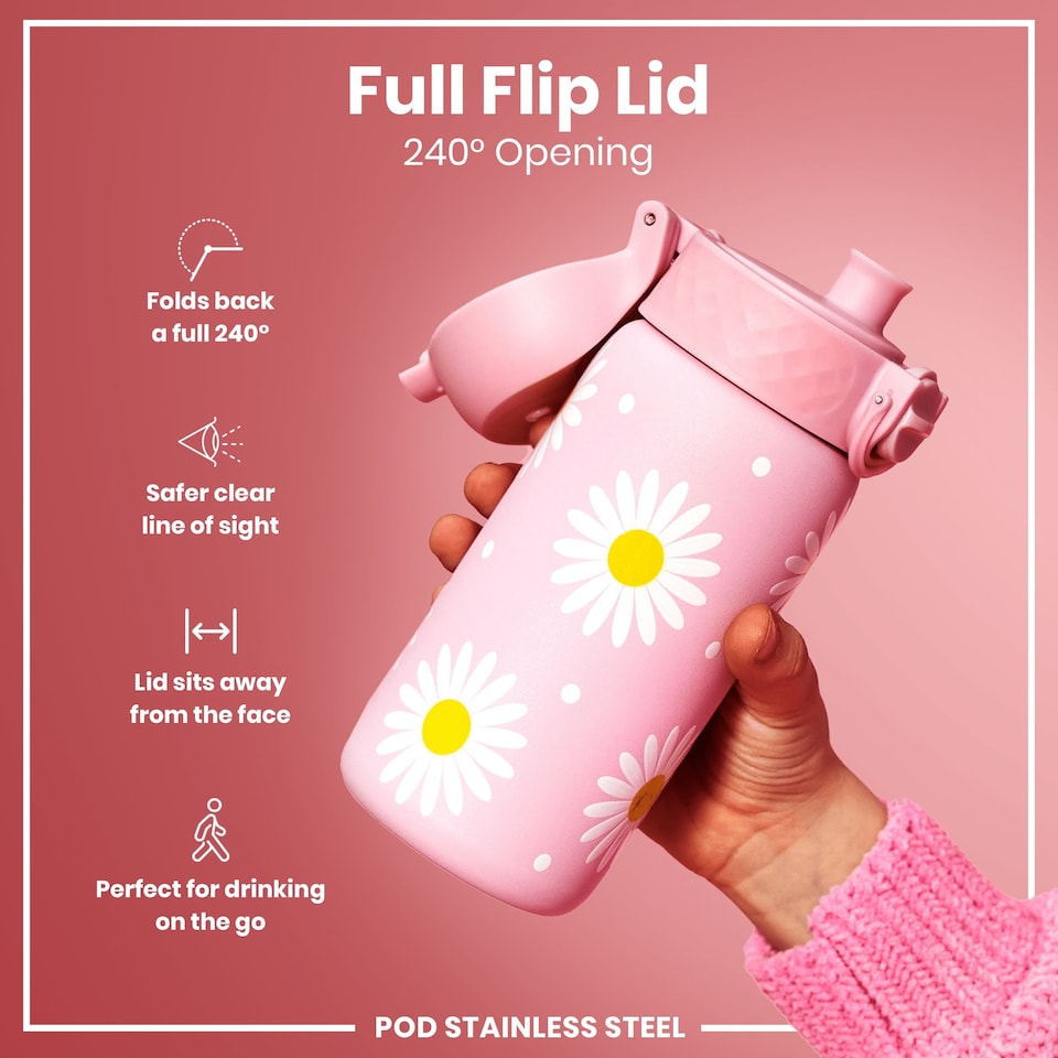 image 1 of Leak Proof Kids Water Bottle, Stainless Steel, 400ml (13oz) | Pink | Daisies | One Size
