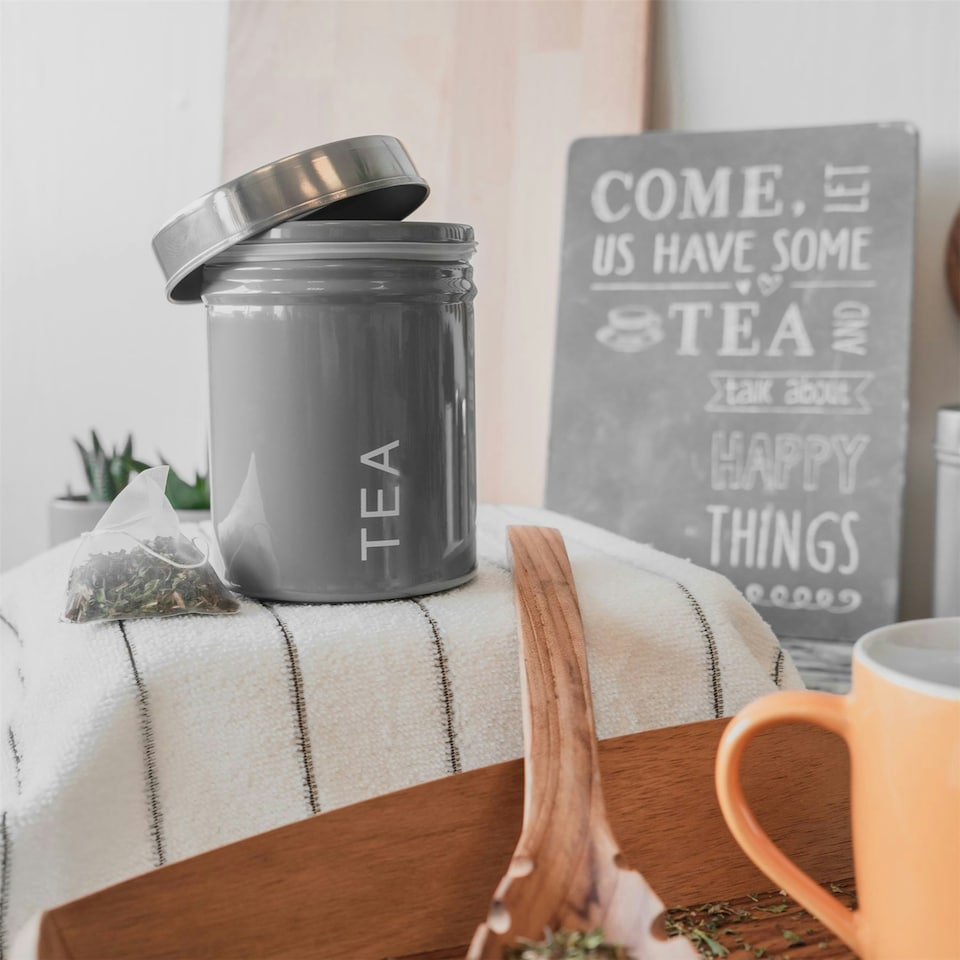 image 1 of Harbour Housewares Grey Round Metal Kitchen Tea Coffee Sugar Canisters Kitchen Caddy Kitchen Storage Containers Canister