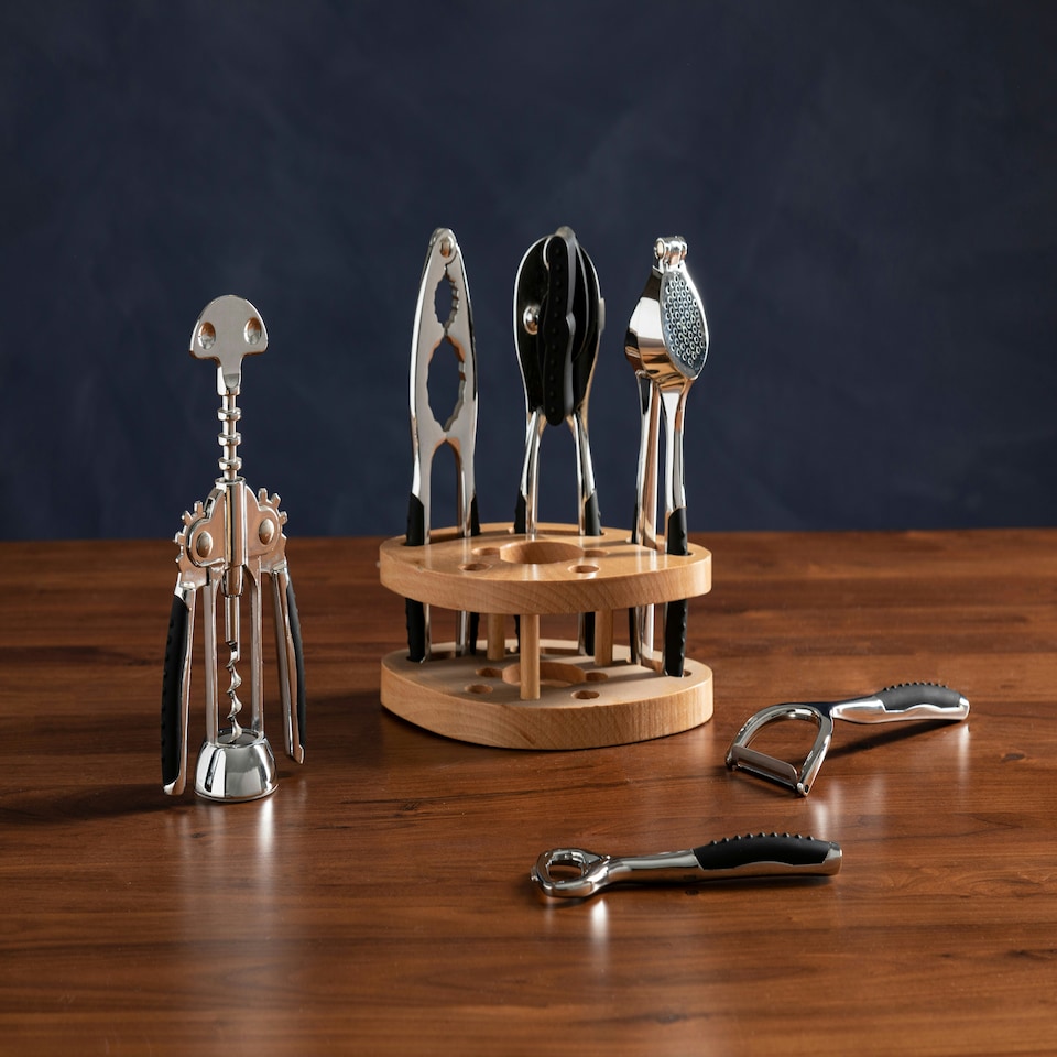image 1 of Interiors By Premier Chrome Kitchen Tool Set with Natural Wood Stand,7-Piece Essential Gadgets For Food Prep,Unique Utensil Set