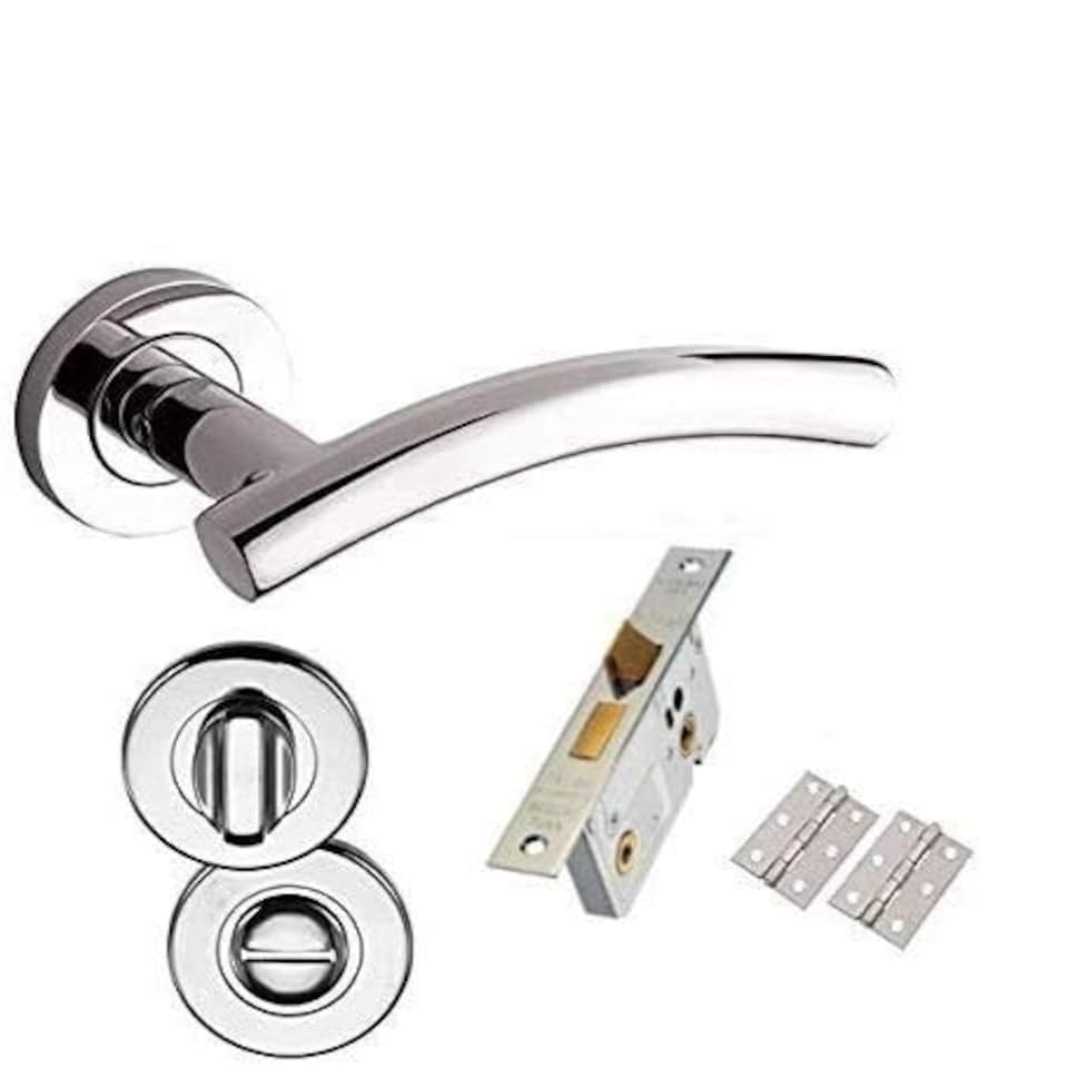 image 1 of Golden Grace Arched T-Bar Bathroom Door Handle Lever on Round Rose in Polished Chrome with Bathroom Lock Hinges & Thumbturn - 1 Set Chrome