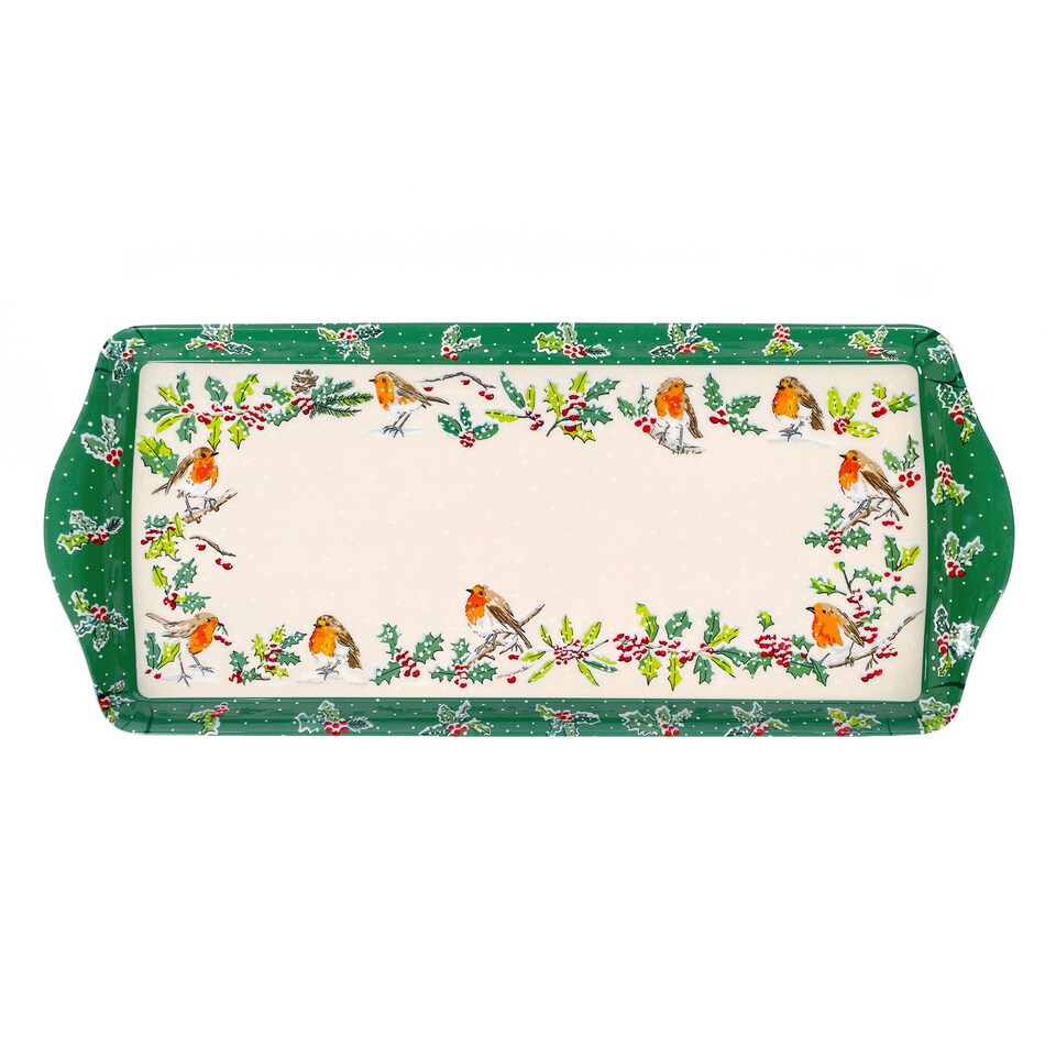 image 1 of Ulster Weavers Christmas Robins Tray - Small Green