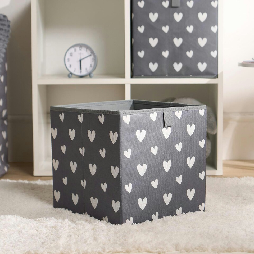 image 1 of OHS 4 Pack Folding Storage Hearts Print Cubes Space Saving Home Bedroom Clothes Toy Organiser Grey