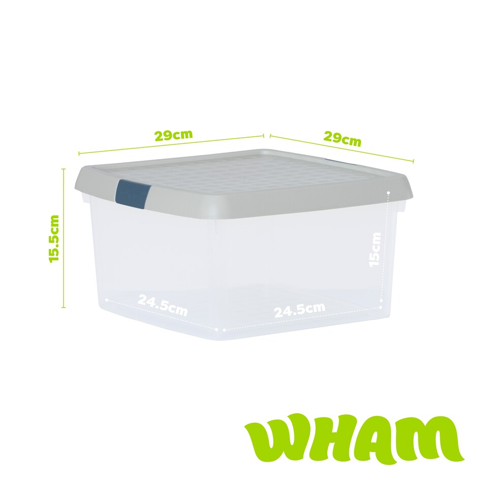 image 1 of Wham Clip 5x 9L Square Plastic Storage Boxes with Clip Lock Lids. Ideal for Home, Office, Toys & More - Clear/Stone | Cream | Stone | 5
