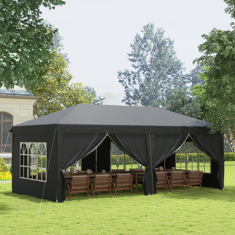 image 1 of Outsunny 3 x 6 m Garden Pop Up Gazebo, Wedding Party Tent Marquee, Water Resistant Awning Canopy with Sidewalls, Windows, Carry Bag, Black
