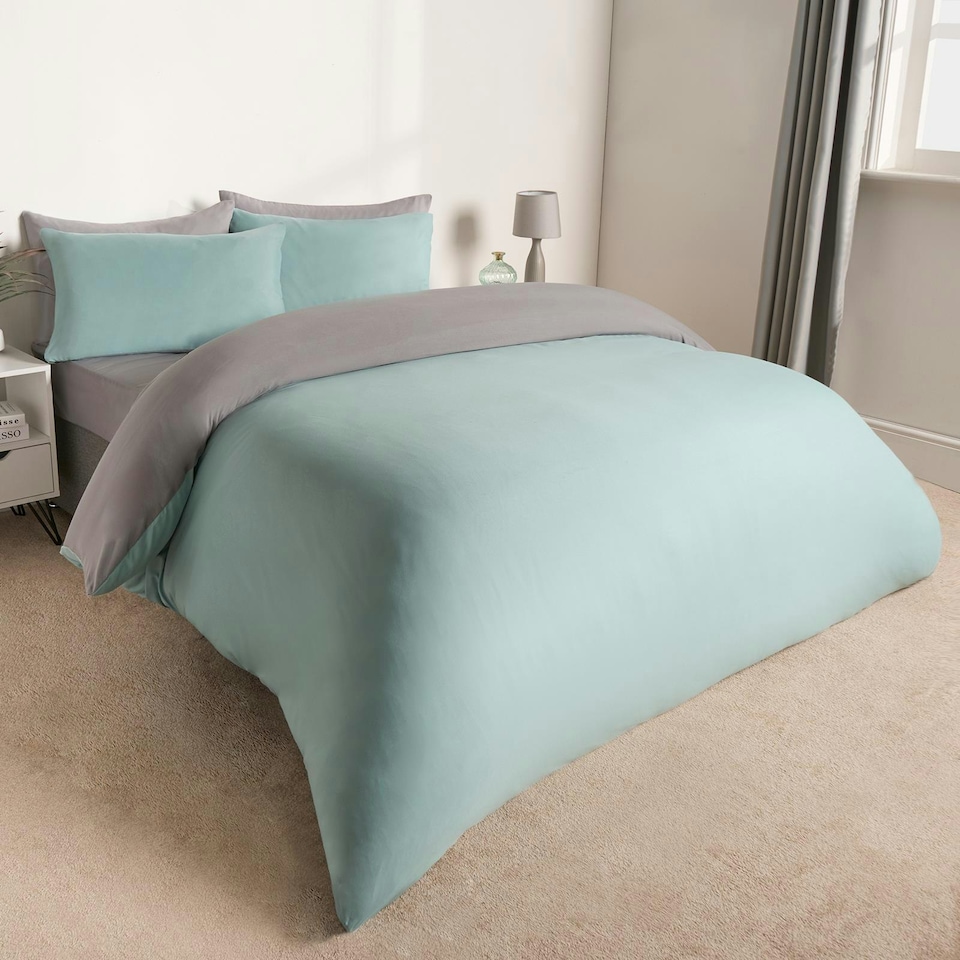 image 1 of OHS Reversible Microfibre Duvet Cover and Pillowcase Bedding Set, King - Duck Egg/Grey