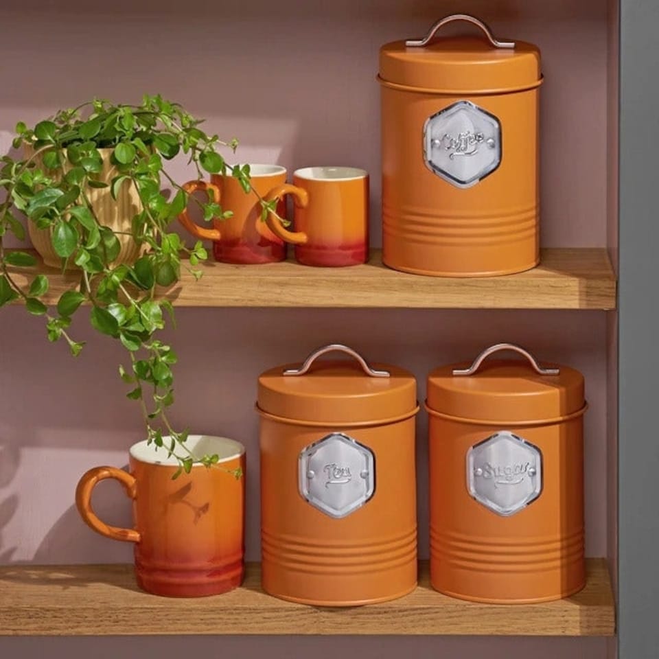 image 1 of Cooks Professional 3 Piece Kitchen Storage Set – Tea, Coffee & Sugar Cannisters | Orange | Orange & Silver