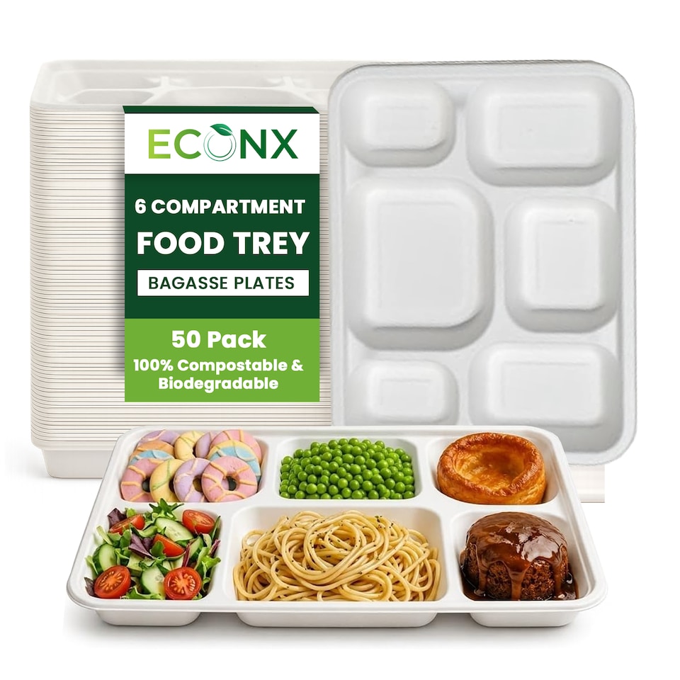 ECONX Bagasse 6 Compartment Food Tray Plate Disposable Sugarcane