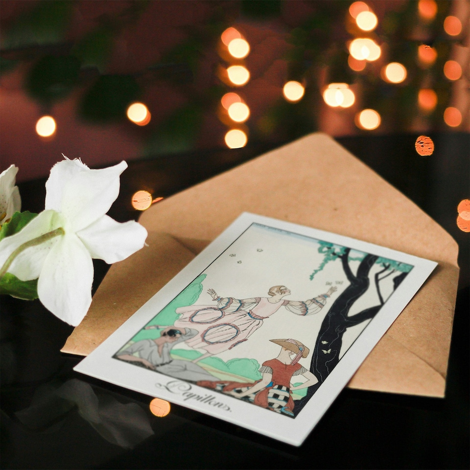 image 1 of George Barbier Art Card Butterflies Vintage Picnic Fashion