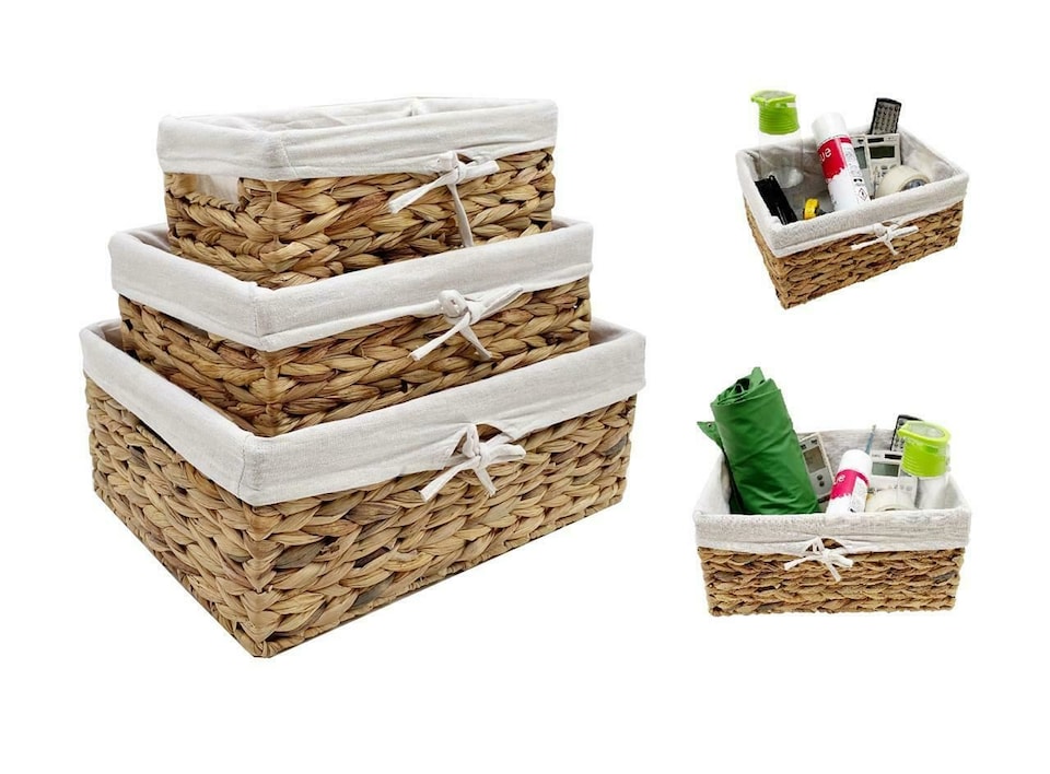 image 1 of Natural Woven Water Hyacinth Deep Rectangle Storage Basket Hamper With Lining Small 28 x 18 x 12 cm | Cream | Neutral | S