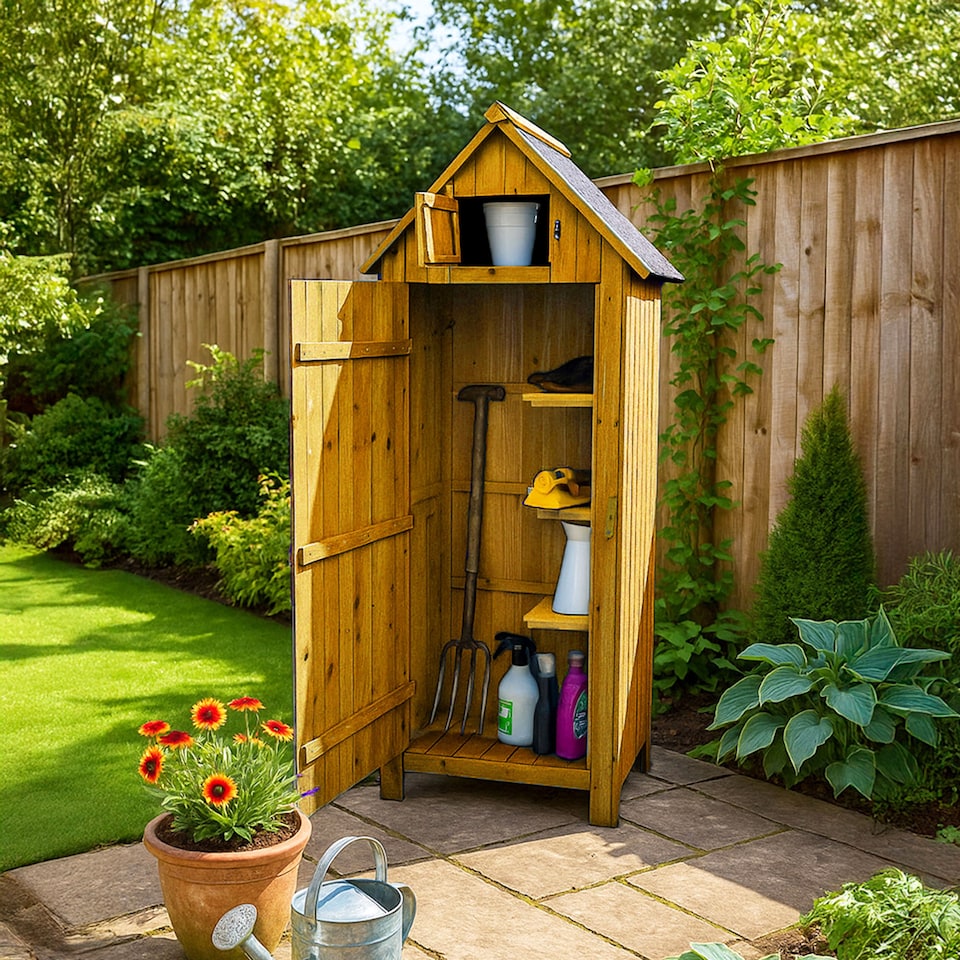 image 1 of JSH Bideford Tall 180cm Wooden Garden Storage Shed Unit with Pitched Roof - Natural