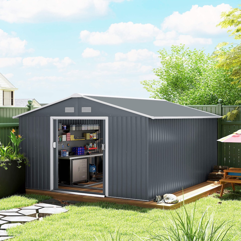 image 1 of Outsunny 13 x 11ft Metal Garden Shed, Outdoor Storage Tool House with Ventilation Slots, Foundation Kit and Lockable Double Doors, Grey