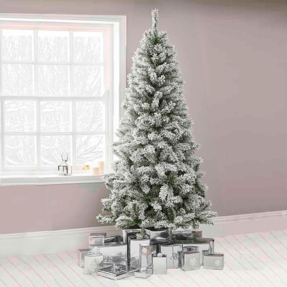 image 1 of 7ft Neo Scandinavian Tips Spruce Fir Artificial Christmas Tree Xmas Realistic Branches Green Natural Branches with Solid Metal Legs (Snow Flocked) | Green