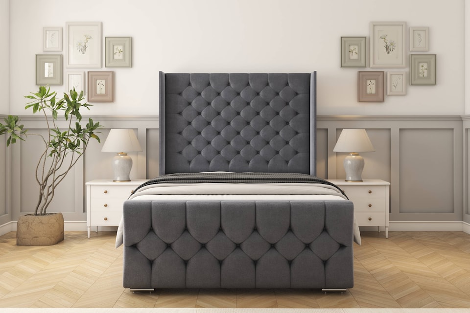 image 1 of Sloomy Luthor Steel Plush Bed Frame With Mattress With 50"  Upholstered Wingback Headboard 6' Super King