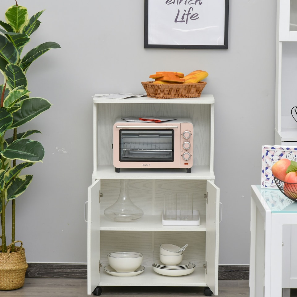 image 1 of HOMCOM Kitchen Storage Unit Microwave Cart Trolley w/ Cabinet Wheels Shelf White