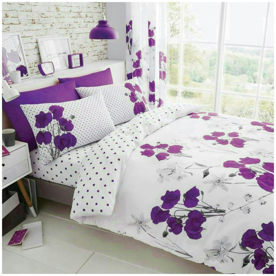 image 1 of VELVETIO Poppy Flower Duvet Cover Set Reversible Polycotton Easy Care Beddings Purple | Aubergine | Double