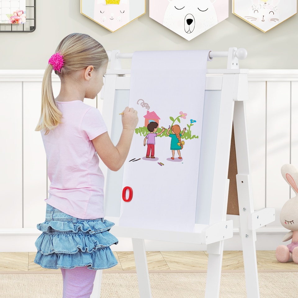 image 1 of COSTWAY Foldable Easel Kids 3-in-1 Double-sided Art Easel w/Chalkboard-White