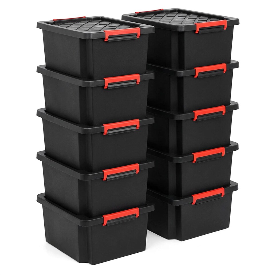 image 1 of 25L Small Heavy-Duty Storage Box with Lid 10 Pack with Handles Durable Plastic Clip Locks Stackable Garage & Outdoor Black