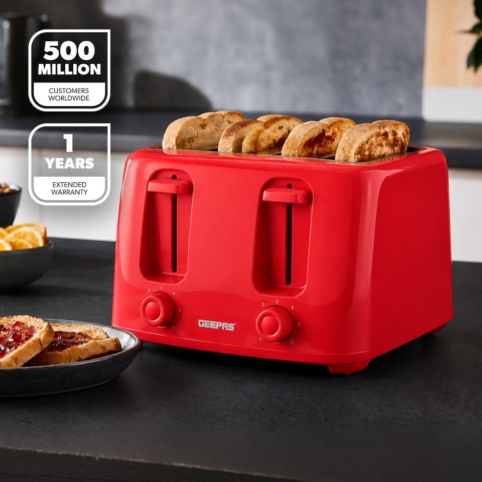 image 1 of GEEPAS 4 Slice Toaster 1400W, Red