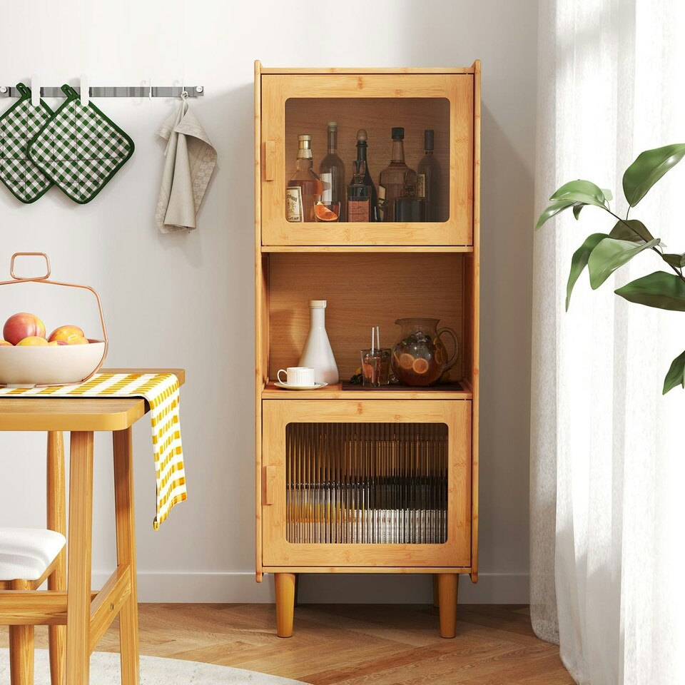 image 1 of COSTWAY Kitchen Sideboard 3-Cube Bamboo Storage Cabinet N/A