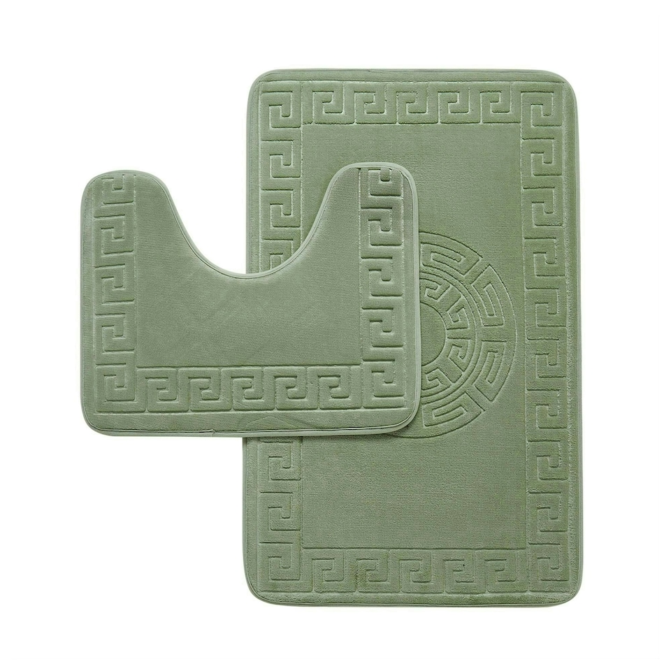 image 1 of VELVETIO Bath Mat Set Greek Pattern Anti Slip Memory Foam Toilet Rug Green | Sage Green