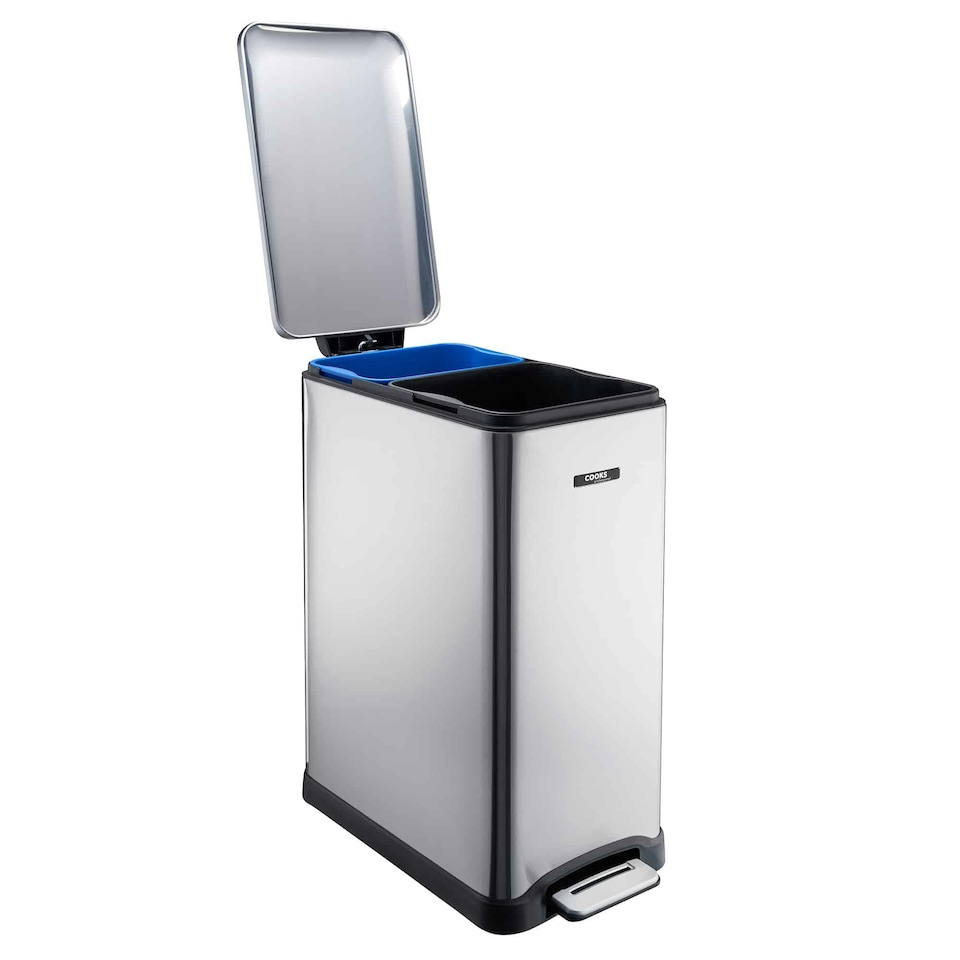 image 1 of Cooks Professional Dual Recycle Slimline Pedal Bin 50L | 20L & 30L Removable Compartments | Silver