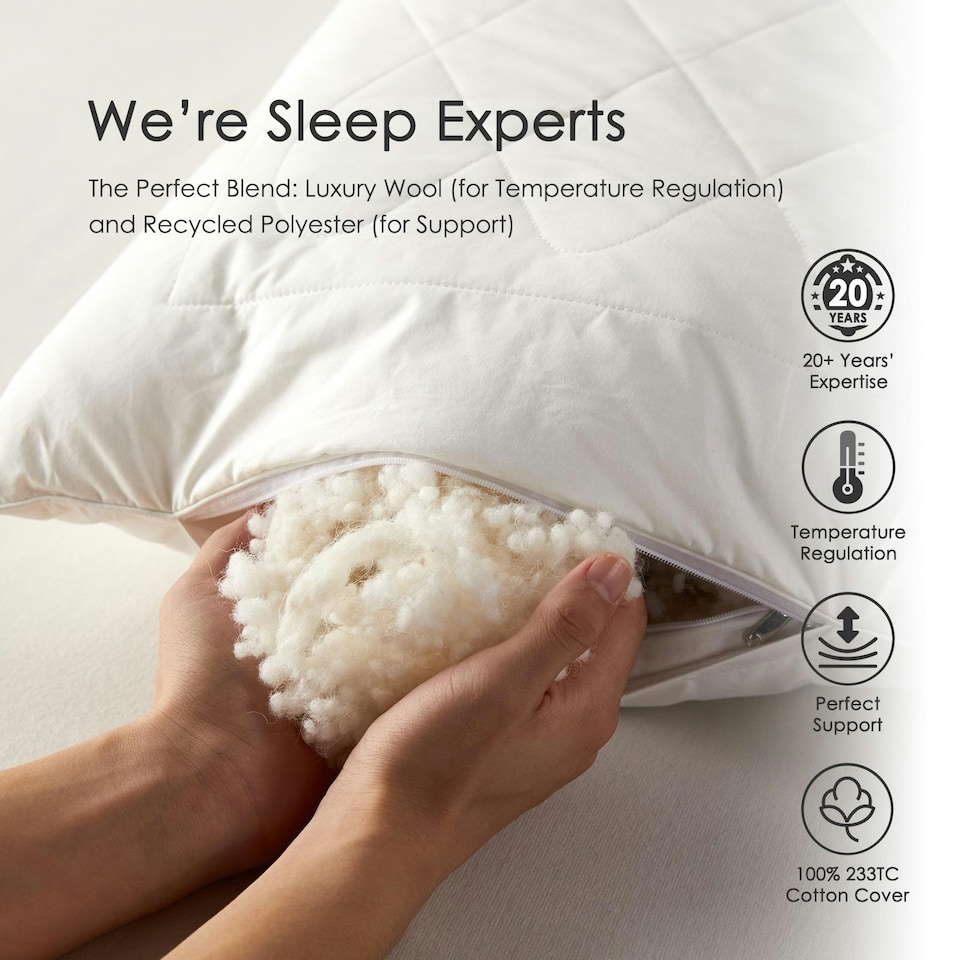 image 1 of Homescapes Premium Wool Pillow with Quilted Case, 19 x 29" White