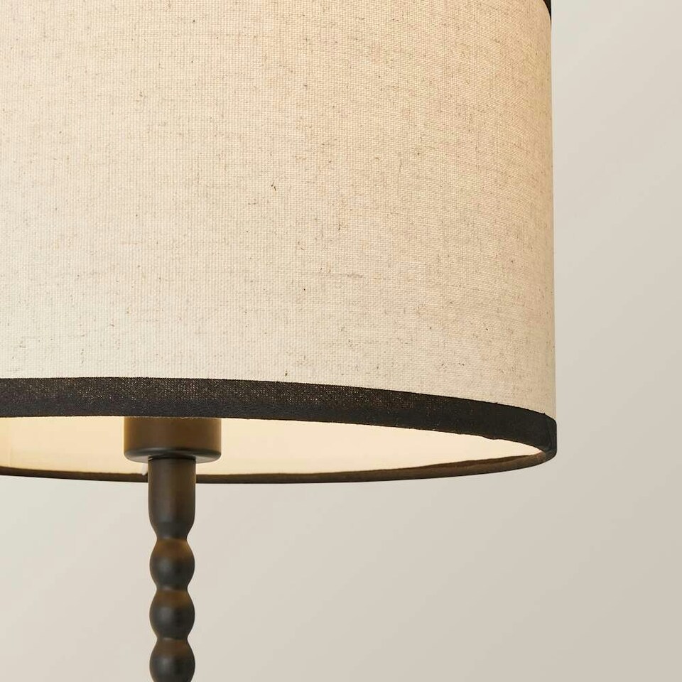 image 1 of ValueLights Maeve Natural Linen Black Trim Drum Shade Matte Black Bobbin Bobble Table Lamp | Black