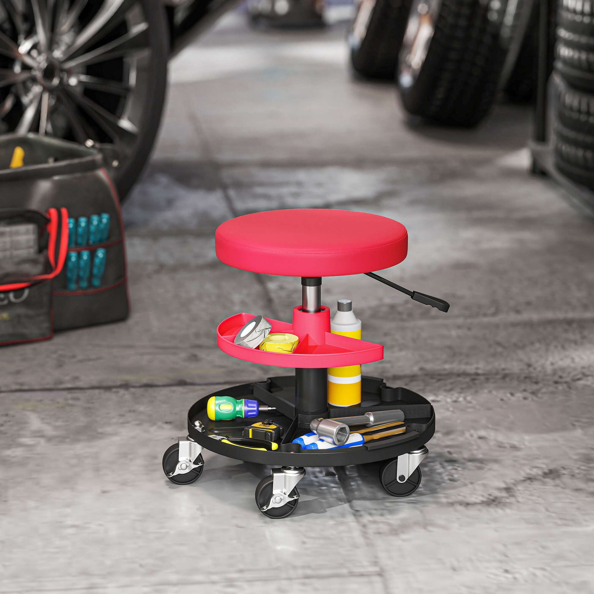 HOMCOM Rolling Mechanic Stool, 135kg Capacity Workshop Stool, Red