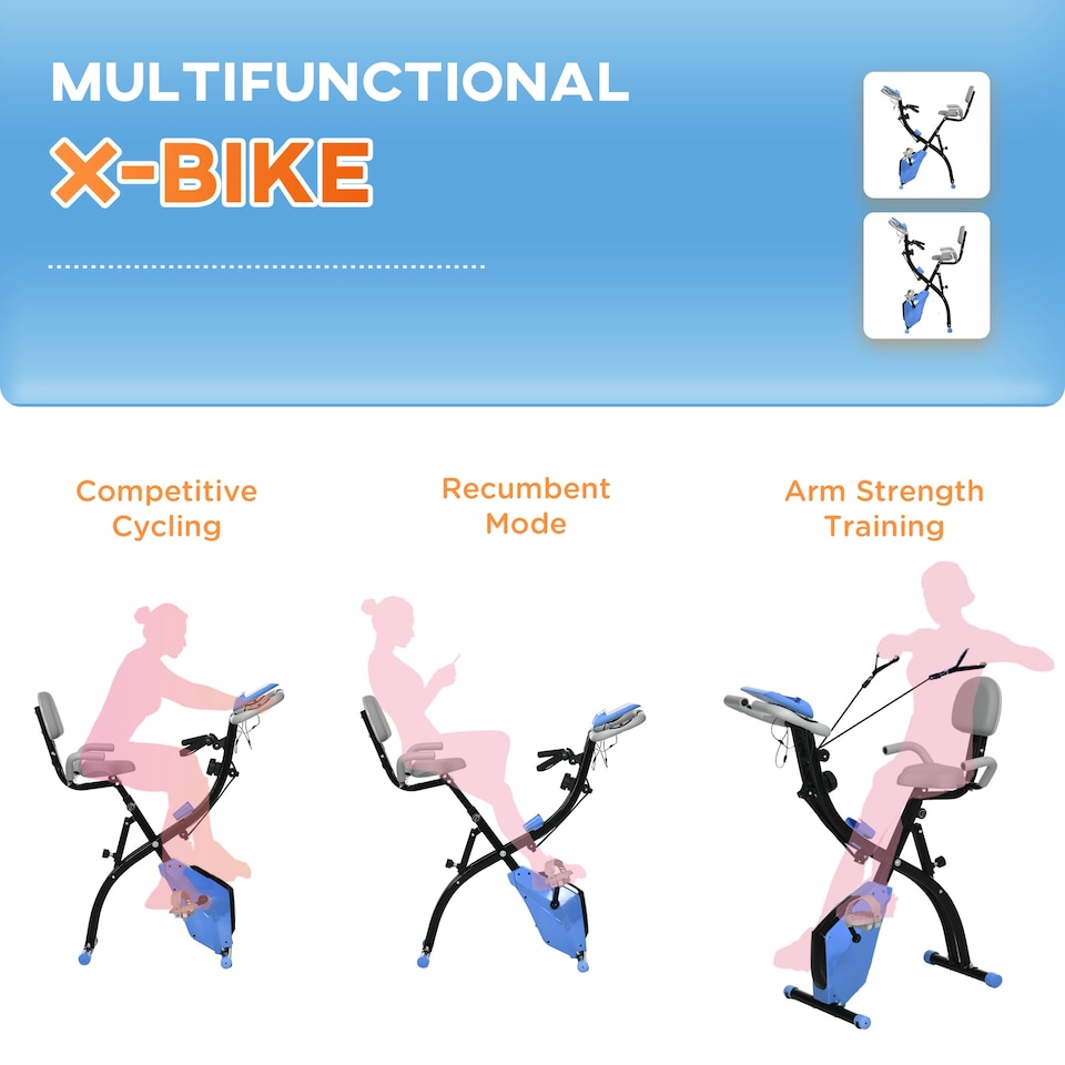 image 1 of HOMCOM 2-In-1 Folding Exercise Bike with 8-Level Magnetic Resistance Blue