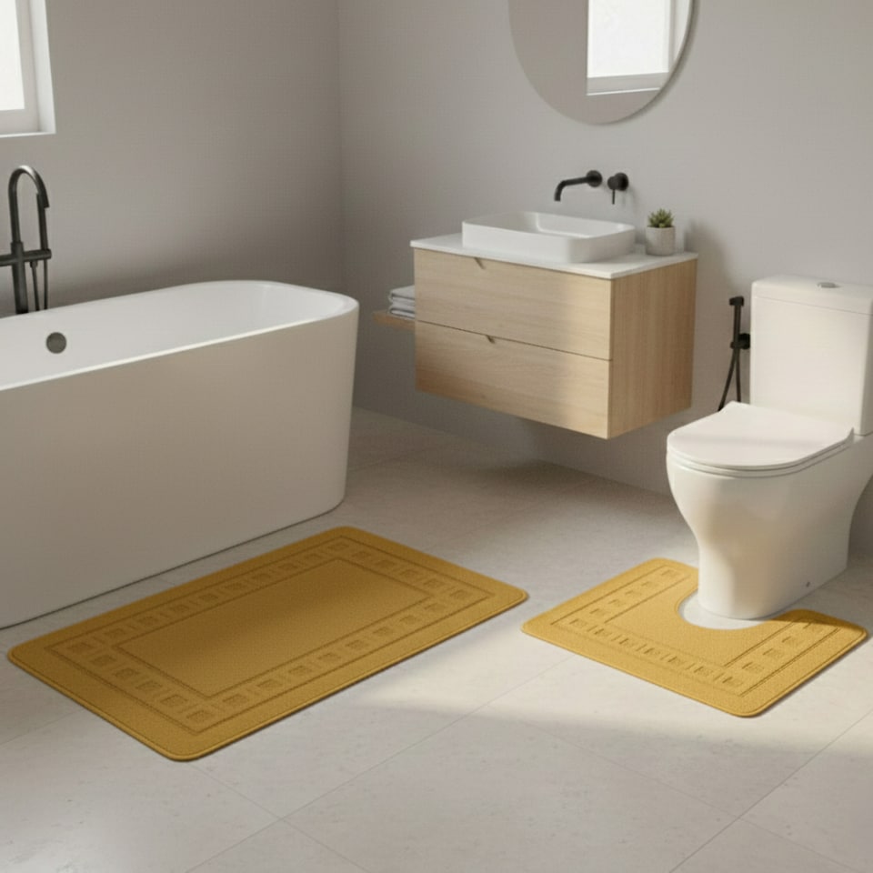 image 1 of 2 Piece Box Design Bath Mat Set Soft Absorbent Non-Slip Bathroom Mats | Yellow | Lemon