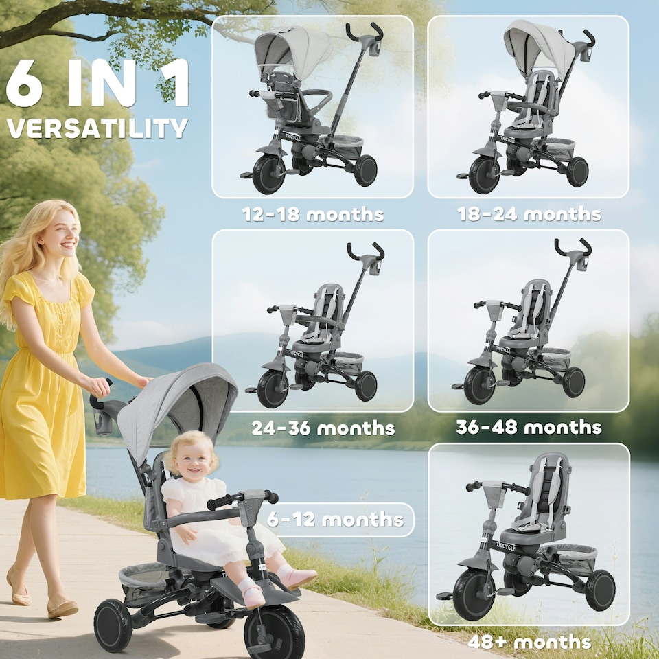 image 1 of AIYAPLAY 6 in 1 Kids Trike, Toddler Tricycle with Parent Handle, Grey